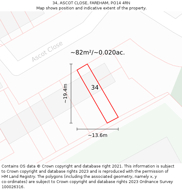 34, ASCOT CLOSE, FAREHAM, PO14 4RN: Plot and title map