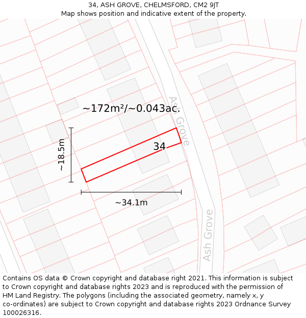 34, ASH GROVE, CHELMSFORD, CM2 9JT: Plot and title map