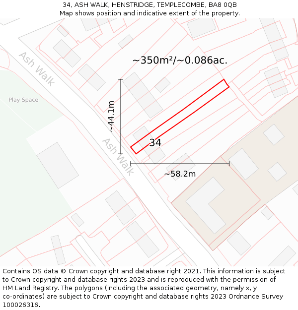 34, ASH WALK, HENSTRIDGE, TEMPLECOMBE, BA8 0QB: Plot and title map