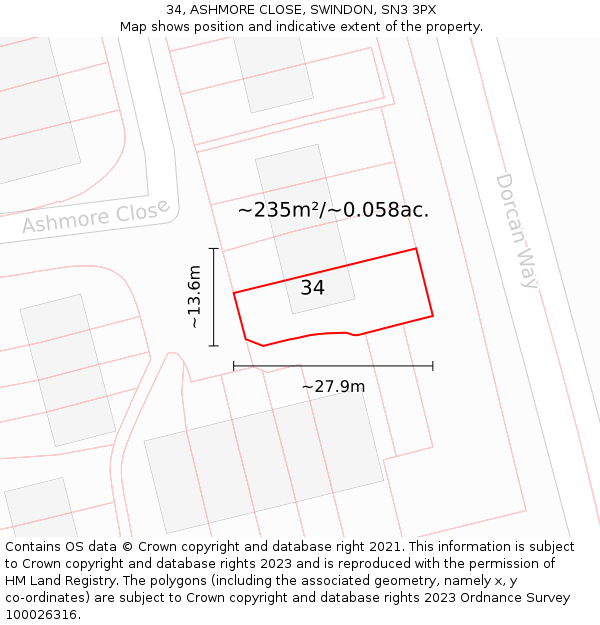 34, ASHMORE CLOSE, SWINDON, SN3 3PX: Plot and title map