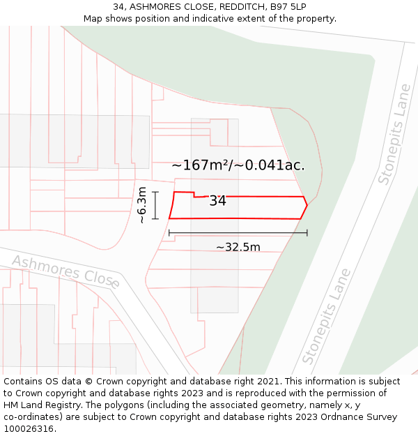 34, ASHMORES CLOSE, REDDITCH, B97 5LP: Plot and title map