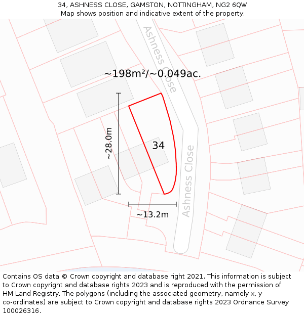34, ASHNESS CLOSE, GAMSTON, NOTTINGHAM, NG2 6QW: Plot and title map