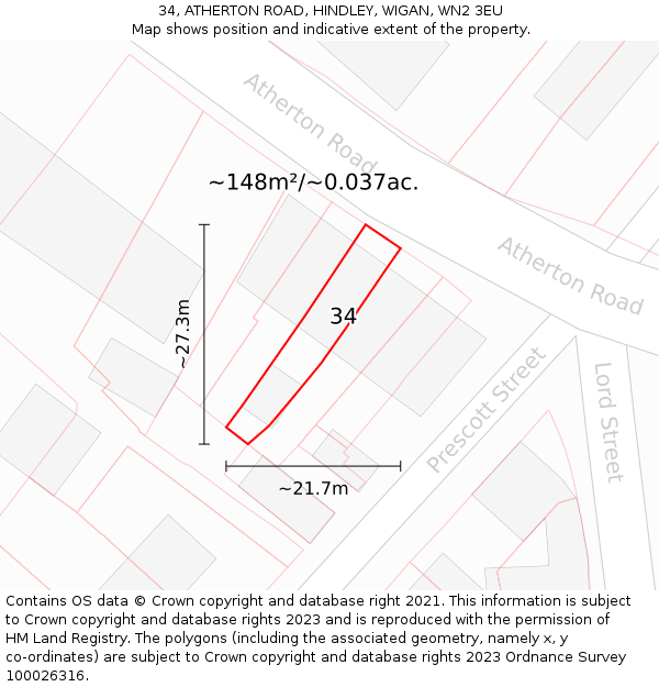 34, ATHERTON ROAD, HINDLEY, WIGAN, WN2 3EU: Plot and title map