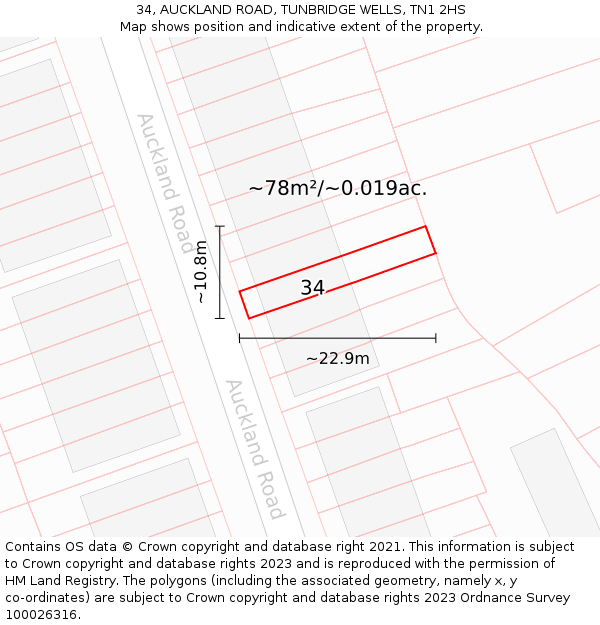 34, AUCKLAND ROAD, TUNBRIDGE WELLS, TN1 2HS: Plot and title map