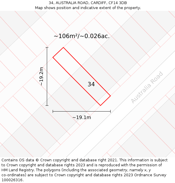 34, AUSTRALIA ROAD, CARDIFF, CF14 3DB: Plot and title map