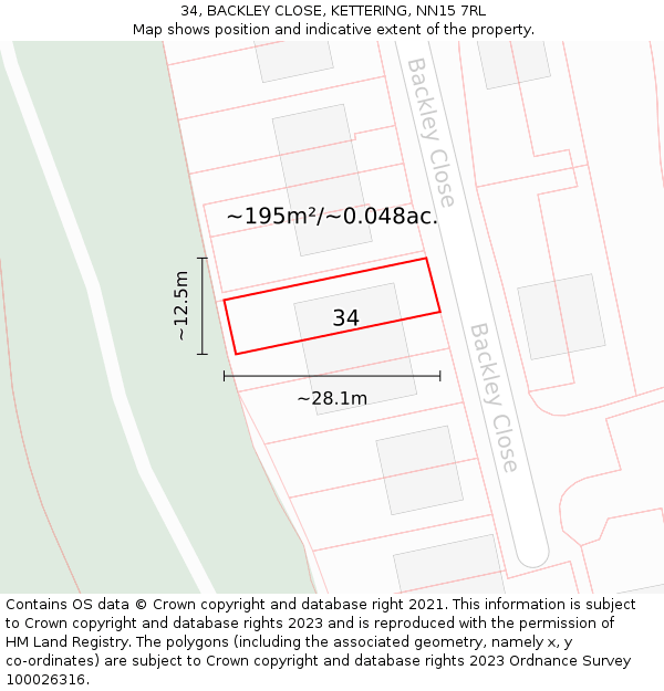 34, BACKLEY CLOSE, KETTERING, NN15 7RL: Plot and title map