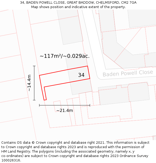 34, BADEN POWELL CLOSE, GREAT BADDOW, CHELMSFORD, CM2 7GA: Plot and title map