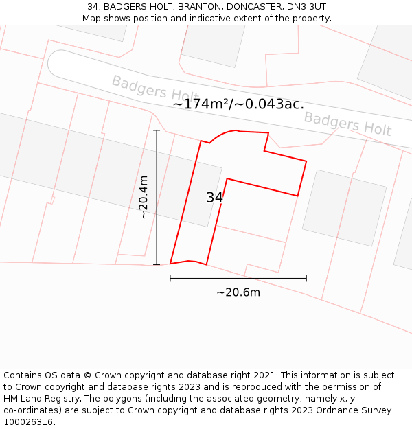 34, BADGERS HOLT, BRANTON, DONCASTER, DN3 3UT: Plot and title map