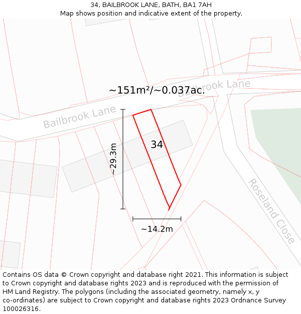 34, BAILBROOK LANE, BATH, BA1 7AH: Plot and title map