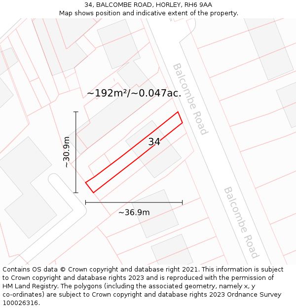 34, BALCOMBE ROAD, HORLEY, RH6 9AA: Plot and title map