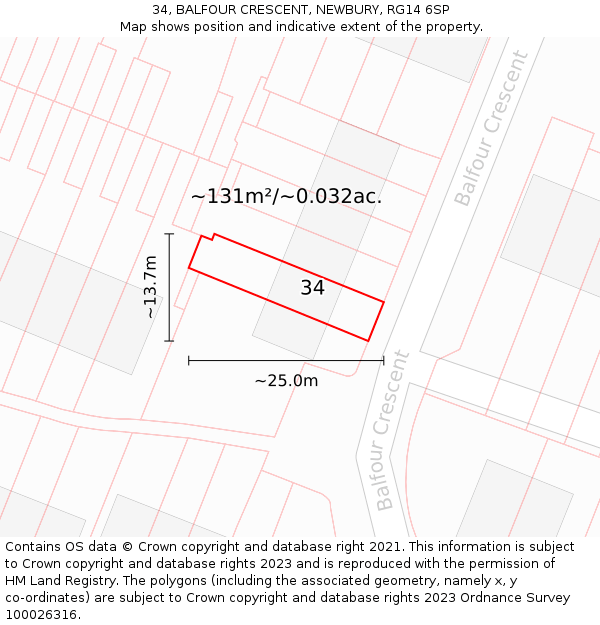 34, BALFOUR CRESCENT, NEWBURY, RG14 6SP: Plot and title map