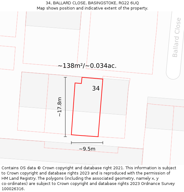 34, BALLARD CLOSE, BASINGSTOKE, RG22 6UQ: Plot and title map
