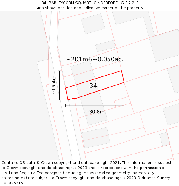 34, BARLEYCORN SQUARE, CINDERFORD, GL14 2LF: Plot and title map