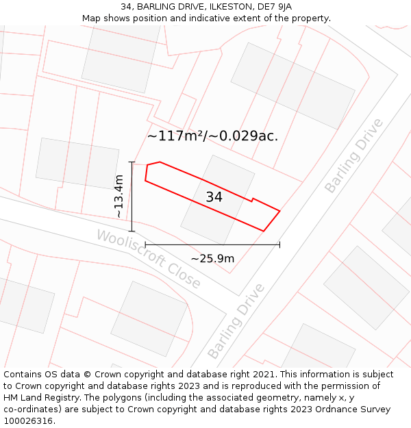 34, BARLING DRIVE, ILKESTON, DE7 9JA: Plot and title map