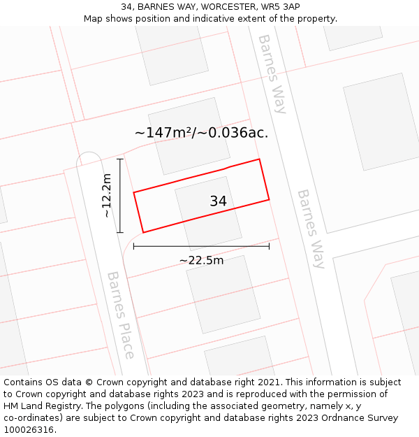 34, BARNES WAY, WORCESTER, WR5 3AP: Plot and title map