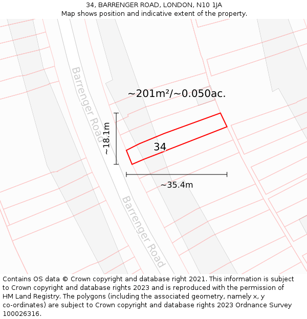 34, BARRENGER ROAD, LONDON, N10 1JA: Plot and title map