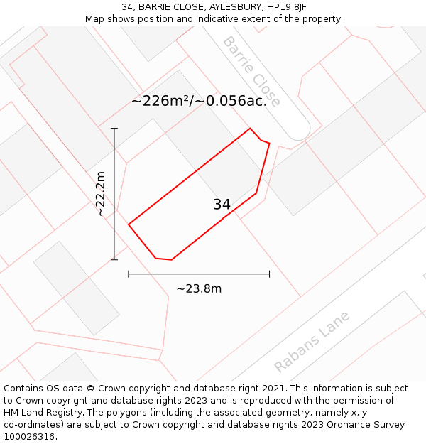 34, BARRIE CLOSE, AYLESBURY, HP19 8JF: Plot and title map
