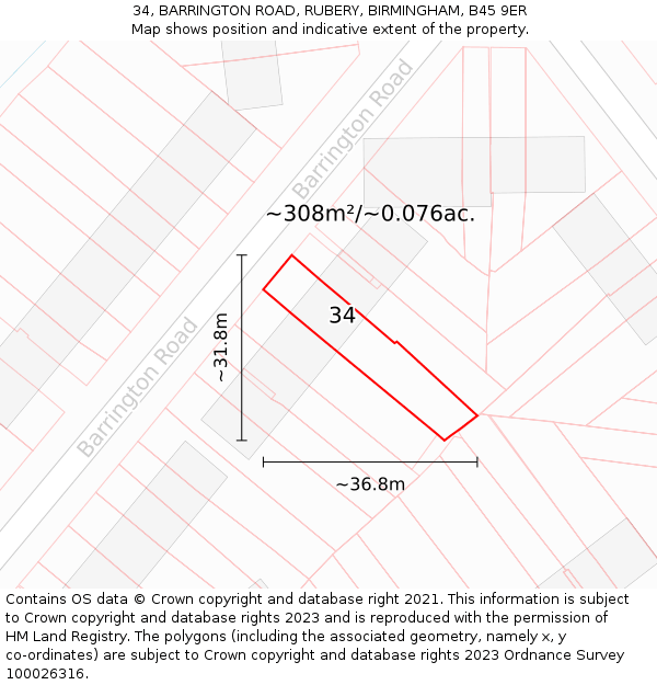 34, BARRINGTON ROAD, RUBERY, BIRMINGHAM, B45 9ER: Plot and title map