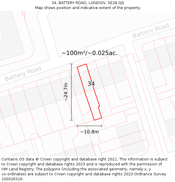 34, BATTERY ROAD, LONDON, SE28 0JS: Plot and title map