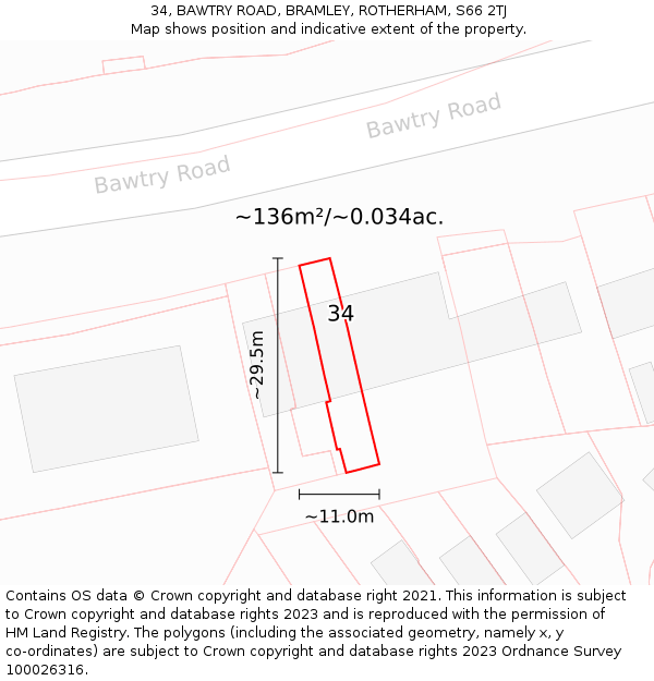 34, BAWTRY ROAD, BRAMLEY, ROTHERHAM, S66 2TJ: Plot and title map