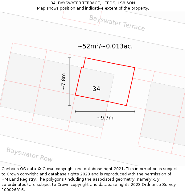 34, BAYSWATER TERRACE, LEEDS, LS8 5QN: Plot and title map