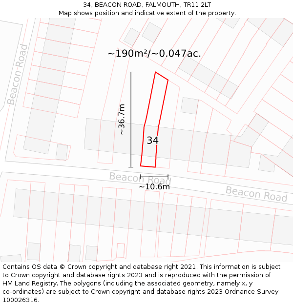 34, BEACON ROAD, FALMOUTH, TR11 2LT: Plot and title map