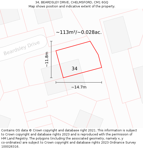 34, BEARDSLEY DRIVE, CHELMSFORD, CM1 6GQ: Plot and title map