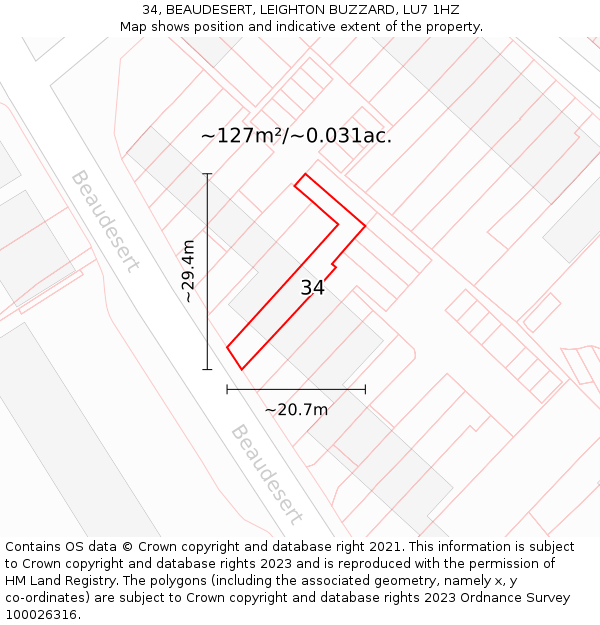 34, BEAUDESERT, LEIGHTON BUZZARD, LU7 1HZ: Plot and title map