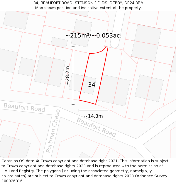 34, BEAUFORT ROAD, STENSON FIELDS, DERBY, DE24 3BA: Plot and title map