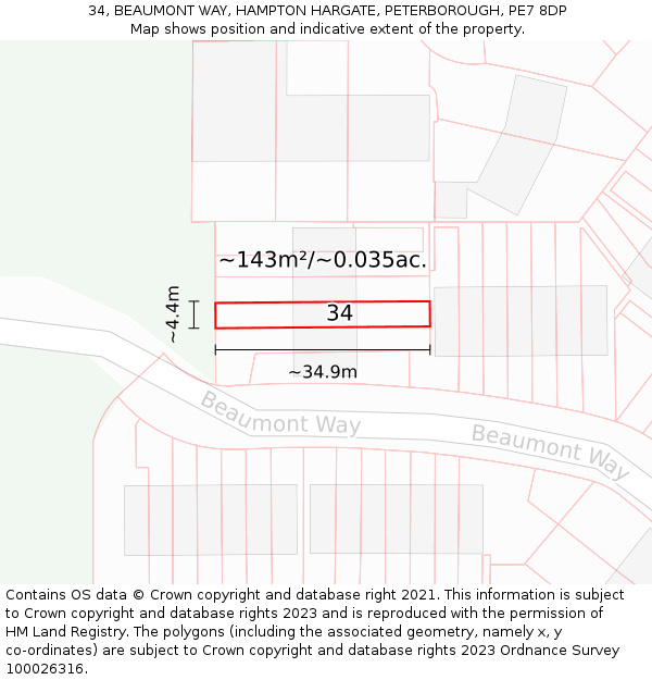 34, BEAUMONT WAY, HAMPTON HARGATE, PETERBOROUGH, PE7 8DP: Plot and title map