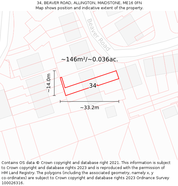 34, BEAVER ROAD, ALLINGTON, MAIDSTONE, ME16 0FN: Plot and title map