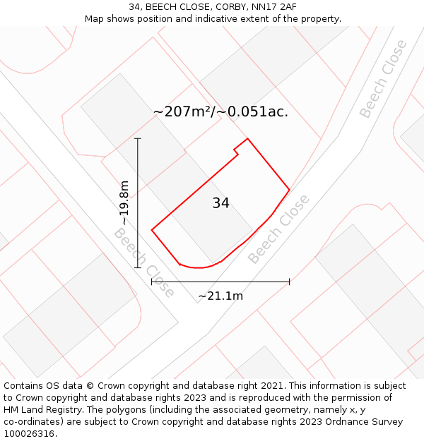 34, BEECH CLOSE, CORBY, NN17 2AF: Plot and title map