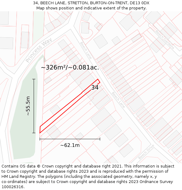 34, BEECH LANE, STRETTON, BURTON-ON-TRENT, DE13 0DX: Plot and title map