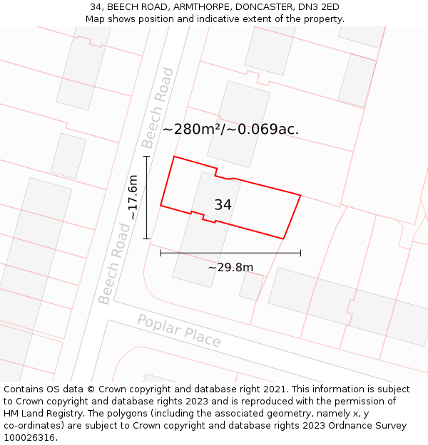 34, BEECH ROAD, ARMTHORPE, DONCASTER, DN3 2ED: Plot and title map