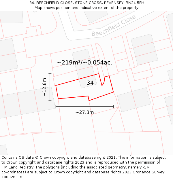 34, BEECHFIELD CLOSE, STONE CROSS, PEVENSEY, BN24 5FH: Plot and title map
