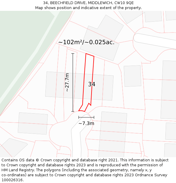 34, BEECHFIELD DRIVE, MIDDLEWICH, CW10 9QE: Plot and title map