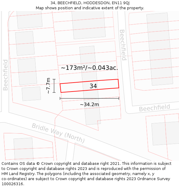 34, BEECHFIELD, HODDESDON, EN11 9QJ: Plot and title map