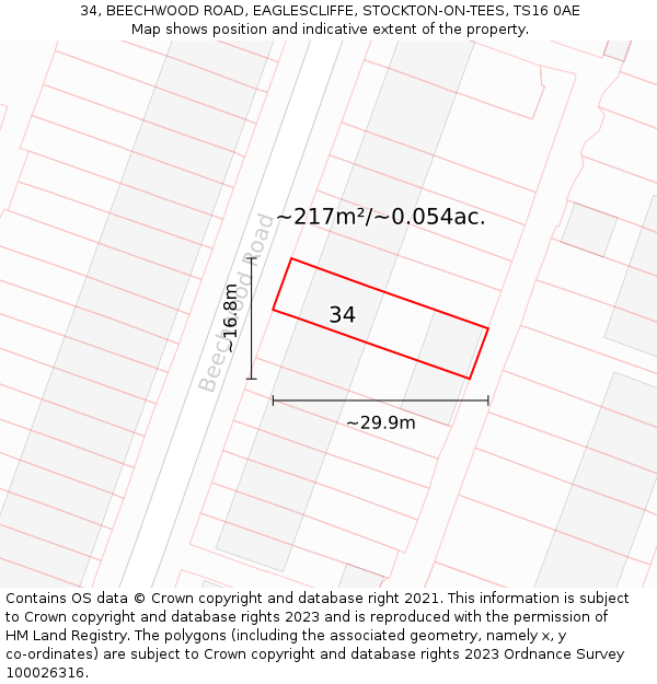 34, BEECHWOOD ROAD, EAGLESCLIFFE, STOCKTON-ON-TEES, TS16 0AE: Plot and title map