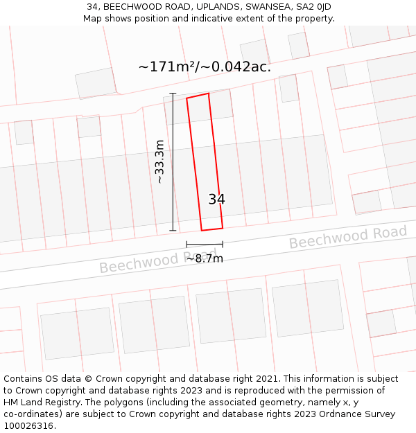 34, BEECHWOOD ROAD, UPLANDS, SWANSEA, SA2 0JD: Plot and title map
