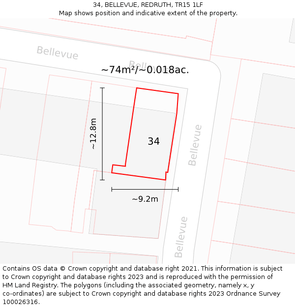 34, BELLEVUE, REDRUTH, TR15 1LF: Plot and title map