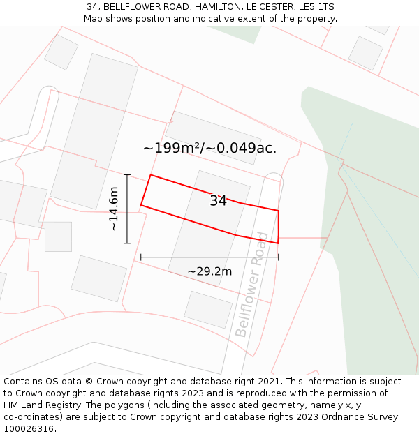 34, BELLFLOWER ROAD, HAMILTON, LEICESTER, LE5 1TS: Plot and title map