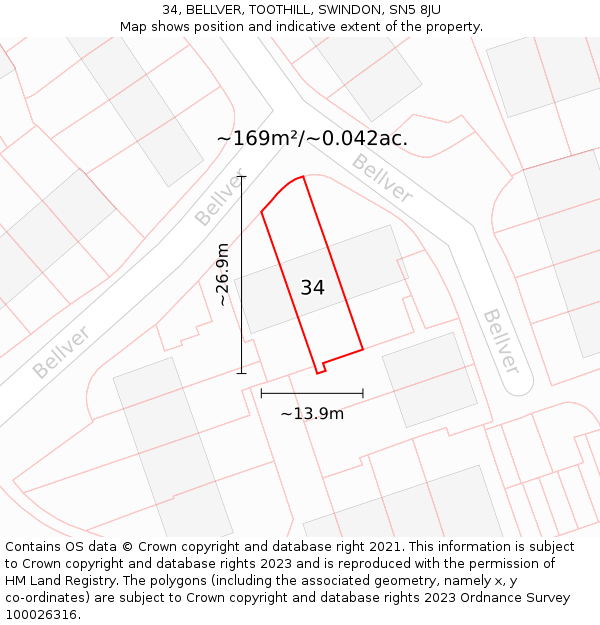 34, BELLVER, TOOTHILL, SWINDON, SN5 8JU: Plot and title map