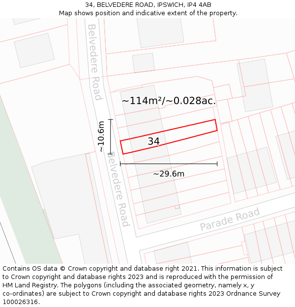 34, BELVEDERE ROAD, IPSWICH, IP4 4AB: Plot and title map