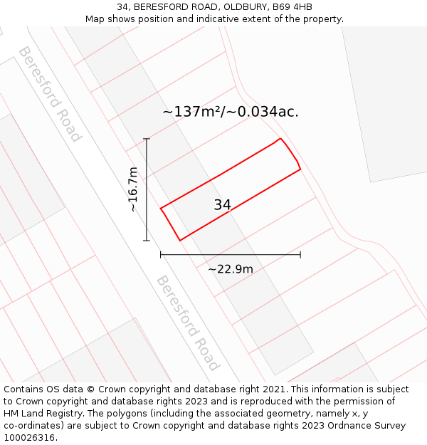 34, BERESFORD ROAD, OLDBURY, B69 4HB: Plot and title map