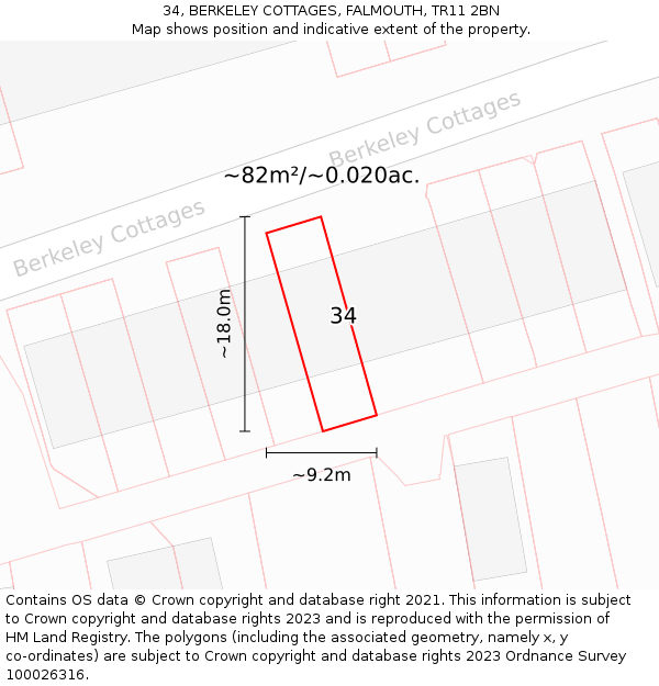 34, BERKELEY COTTAGES, FALMOUTH, TR11 2BN: Plot and title map