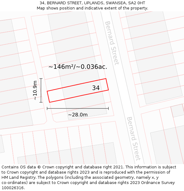 34, BERNARD STREET, UPLANDS, SWANSEA, SA2 0HT: Plot and title map