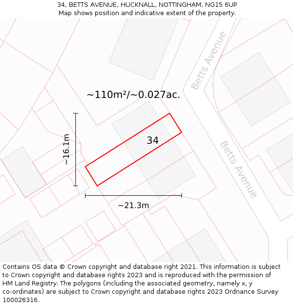 34, BETTS AVENUE, HUCKNALL, NOTTINGHAM, NG15 6UP: Plot and title map