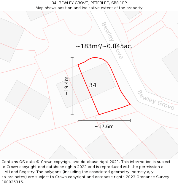34, BEWLEY GROVE, PETERLEE, SR8 1PP: Plot and title map