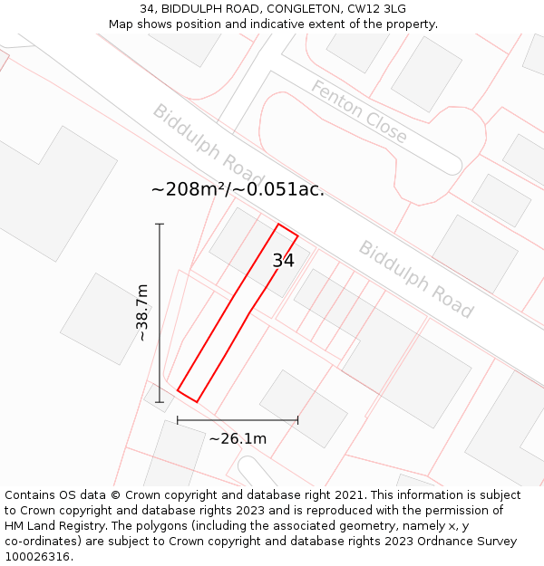34, BIDDULPH ROAD, CONGLETON, CW12 3LG: Plot and title map