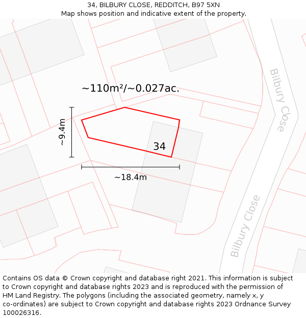 34, BILBURY CLOSE, REDDITCH, B97 5XN: Plot and title map
